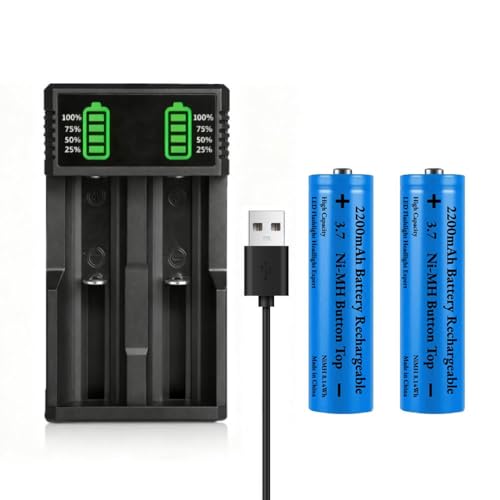 3.7 USB Battery Charger with 2 Pack 3,7 2200mAh Button Top Battery Ni-MH, 2 Bay LCD Display Smart Universal USB Battery Chargers for Flashlights,Headlamps,Doorbells,RC Cars,Outdoor Garden Lights,etc