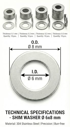 6x12mm Bearing Shim Washers RC Stainless Steel 40pc 0.1-0.5mm M6 | 12mm outer diameter, M6, DIN 988 metric shims. Ultra thin set for bearing shims, RC diffs, gearbox and AC clutch work - size: 6x12