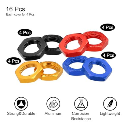 MECCANIXITY Aluminum 17mm x M12 RC Nut Pack of 16 (4 Colors) Hex Wheel Nuts for 1/8 RC Model Car Trucks Off Road Upgraded Parts