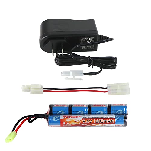 Tenergy RC Battery Charger and 9.6V NiMH 1600mAh Rechargeable Butterfly Battery Pack with Mini Tamiya Connector for AEGs