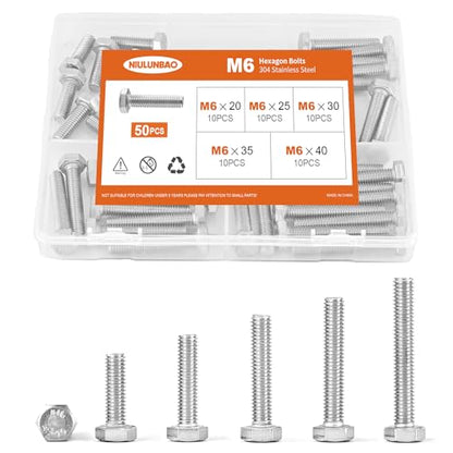 M6 x 20mm 25mm 30mm 35mm 40mm Heavy Duty Hexagon Bolts Hex Head Screws, 304 Stainless Steel, Metric, Machine Fully Thread, Bright Finish, Assortment Kit 50PCS - size: M6 x 20/25/30/35/40mm (50PCS)