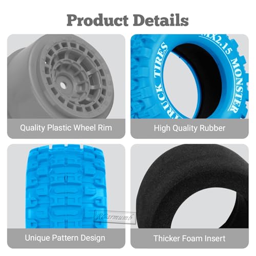 100 * 52MM 1/16 RC Monster Truck Tires 12mm Hex Adapters All-Terrain Traction Tires fit for Mini Maxx/Mini XRT, MJX 16207/16208/16209/16210,HSP 94186,E-Revo,L0S1,1/18 Mini LMT,Blue&Grey - color: Blue&grey(4pcs)