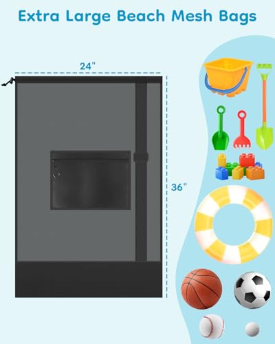 2PCS Mesh Beach Bag Drawstring Toys Bag | Swim Pool Toys Balls Storage Bags Gym backpack, Beach Toy Shells Organizer - color: Black-2pcs