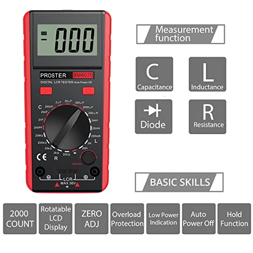 Proster LCR Meter - Capacitance Inductance Resistance Tester Multimeter Self-Discharge with Overrange Display - color: Red