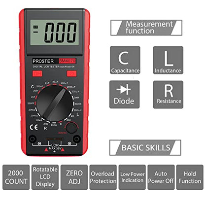 Proster LCR Meter - Capacitance Inductance Resistance Tester Multimeter Self-Discharge with Overrange Display - color: Red