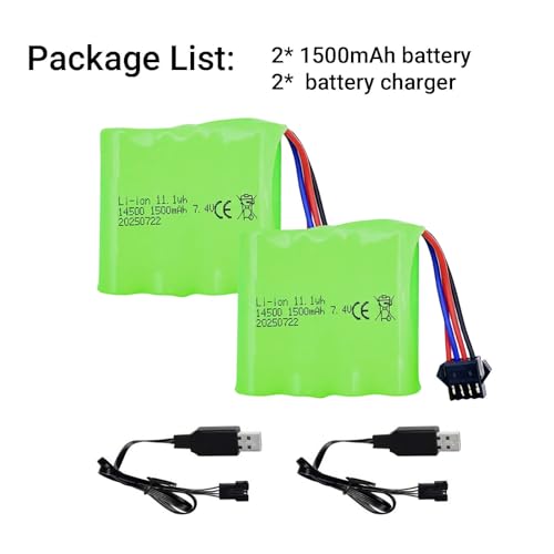 7.4V 1500mAh Battery with SM-4P Plug and Charger Cable for DE36W DE65 1803 1809 Remote Control Cars 1:12 Monster RC Truck Baggy Crawler Battery (2Pack)