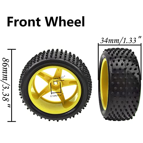 4Pack HIRCQOO OD 88mm/3.46" Front & Rear Rubber Plastic Wheel Rims Tires 12mm Hex Hub Compatible with Redcat Tornado Shockwave HPI HSP ExceedRC Kyosho 1/10 Scale Off Road Buggy (Yellow) - color: Yellow