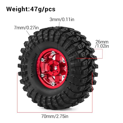 1.3" Wheels and Tires 70mm (2.76in) for SCX24 TRX4M 1/18 1/24 RC Crawler Upgrade Parts (Red, 4Pcs) - color: Red-3