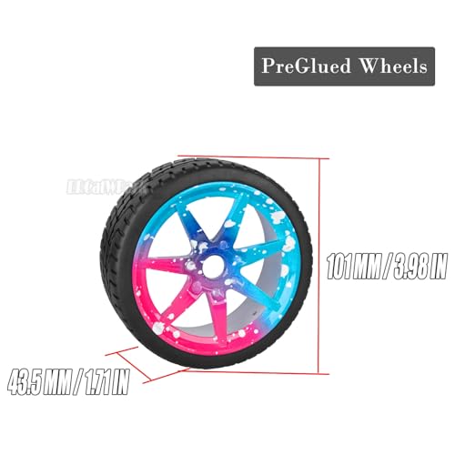 RC Highway Tires Wheel for 1/7 Infraction 6S BLX/Limitless,1/8 Typhon 6s BLX,7 Spokes Wheel Rim & Rubber Highway Tires RC Drift Tires,Blue Pink - color: Blue Pink - (4pcs Highway Tires)