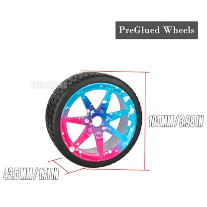 RC Highway Tires Wheel for 1/7 Infraction 6S BLX/Limitless,1/8 Typhon 6s BLX,7 Spokes Wheel Rim & Rubber Highway Tires RC Drift Tires,Blue Pink - color: Blue Pink - (4pcs Highway Tires)