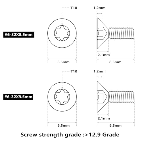 ohhunt 60 Pcs 6-32x5.5mm/5mm/8.55mm/9.5mm/10.8mm/12.3mm Alloy Steel Flat Head Screw for Red Dot Sight