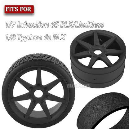 RC Highway Tires Wheel for 1/7 Infraction 6S BLX/Limitless,1/8 Typhon 6s BLX,7 Spokes Wheel Rim & Rubber Highway Tires RC Drift Tires,Black - color: Black - (4pcs Highway Tires)