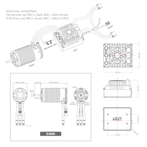 XC E4990 Motor & E6 Sensored Brushless ESC Combo for RC Car,3-8S Lipo,200A Continuous Current,Supprot APP Control,Applicable to:1/6 On-Road,Off-Road,Short Course,1/7 Monster(Heavy Load)