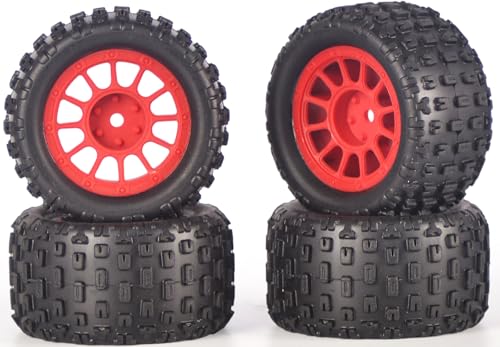Pre-Glued 1/16 & 1/18 RC Monster Truck Rubber Tires & Plastic Wheels Rims | Rubber Tires with Foam Inserts Fits for ARRMA Granite 1/18 Granite/Typhon, WLtoys A949, MJX Hyper Go H16, 4Pcs-Red - color: Red