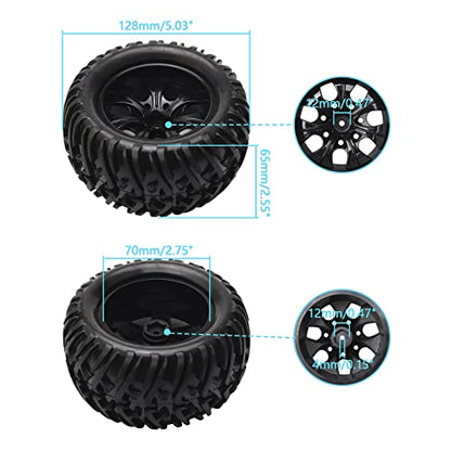 1/10 Monster Truck Tires & Wheels, Black, 4PCs Unmounted Set | 5" 128mm Off-Road RC Tires, 12mm Hex 7-Spoke Rims, Compatible with Traxxas Stampede, Compatible with Arrma Granite - color: Black