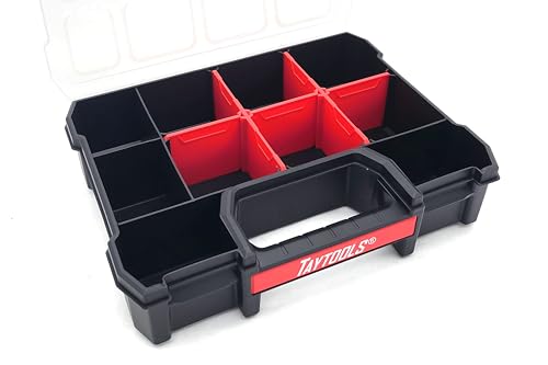 Taytools 10 Compartment Small Parts Organizer Box - Dual Latch Portable Tool Box with Removeable Dividers for Storing Hardware, Screws, Bolts, Nails, Beads or Jewely