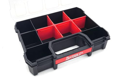 Taytools 10 Compartment Small Parts Organizer Box - Dual Latch Portable Tool Box with Removeable Dividers for Storing Hardware, Screws, Bolts, Nails, Beads or Jewely