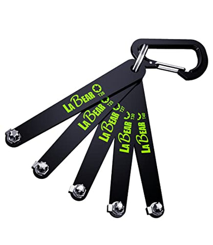 5-Piece EDC Low Profile Offset Torx Screwdriver Set, T20-T40 | S2 steel Torx bit sections, 90° offset access, carabiner carry, compact EDC storage, low-clearance repair, T20-T40 sizes - size: TORX