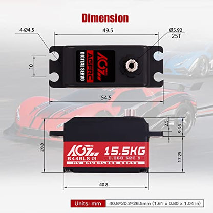 AGFRC B44BLS V2 15.5KG 0.060s Low-Profile RC Servo | 0.060s/60°, 8.4V HV, Brushless, Programmable, Titanium Gear, 2BB, for 1/10-1/12 RC Cars, Trucks, Planes, 48g