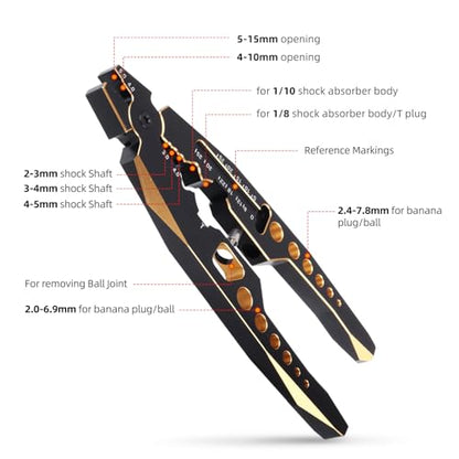 AllinRC RC Shock Pliers Multifunction Shocks Tools Rod Ball Clamp RC Shock Shaft Pliers for Traxxas Arrma Axial Redcat Hpi Cars Trucks Crawler Buggy On/Off Road (Black gold)