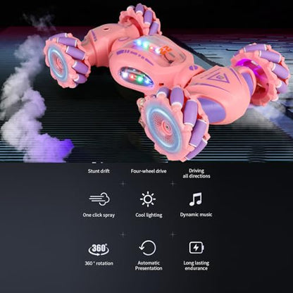 HUIOP Stunt Car 2.4GHz Car Spray Car with Function Lateral Movement,Breathing Light,Deformation,Double-Sided Driving,Wrist Watch-Dual - color: Red, size: 2 battery