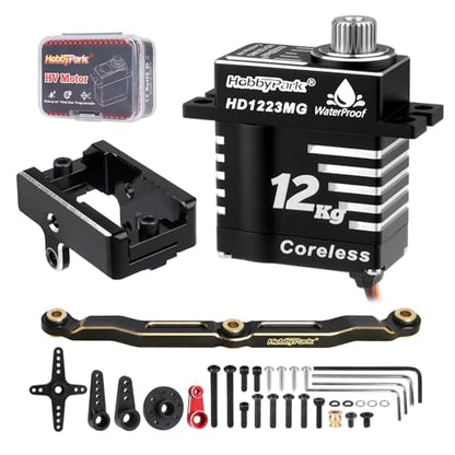 HobbyPark Waterproof for TRX4M Servo 12kg High Torque Aluminum Coreless Motor with Servo Mount Bracket & Arm & Steering Link Set Metal Gear Digital Steering Servo fit 1/18 Crawler Car Upgrades Parts