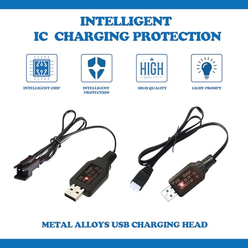 2-in-1 USB Battery Charger Cable Set - Includes 3.7V SM-2P and 7.4V XH-3P Connectors for RC Cars, Stunts, Trucks, Vehicles, Drones, and Gel Blaster Toys with LED Indicators