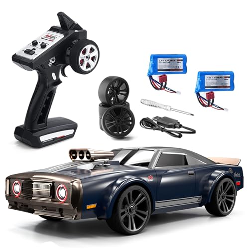 GoolRC RC Drift Car, 1:16 Scale Remote Control, 4WD 35KM/H High Speed Racing, 2.4GHz Drifting for Adults with Cool LED Lights, Extra Drift Tires and 2 Batteries (Blue) - color: Blue, size: 2 Batteries