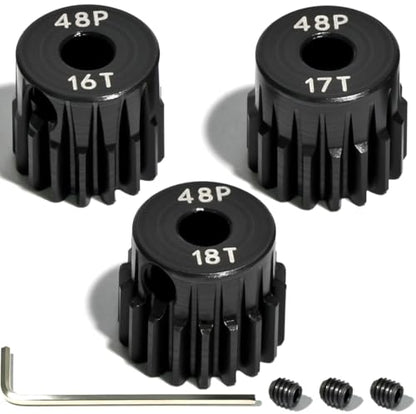3PCS 48P Pinion Gear Set Hardened Steel 3.175mm Shaft 16T 17T 18T with Screws & Hex for 1/10 RC Arrma Traxxas HPI Kyosho Losi Axial SCX10 Tamiya Monster Truck Buggy Motor Upgrade Parts - size: 16 17 18T