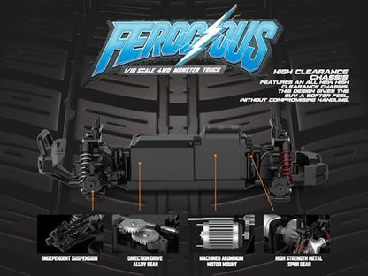 POCO DIVO 4WD Monster Truggy, 1/16 Ferocious RC Truck, 30kmph Radio Remote Control Racing Speed Sports Car, 4x4 Offroad Metal Gear Buggy, 12” Large All Terrain LED Vehicle with Rear Wing Spoilers