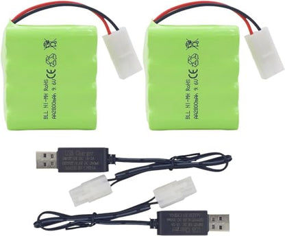 2PCS AA 9.6V 2800mAh Ni-MH High Capacity Battery with Tamiya Plug and 2PCS USB Charging Cable for Toy Tank Engineering, Flat Semi-Trailer Truck, RC Car Spare Batteries Pack