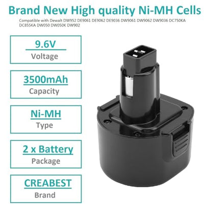 CREABEST 2Packs 9.6V 3.5Ah Ni-MH for Dewalt Replacement Battery DW9062 Dw9061 DW926 DC750KA DW955K DW955 DW926K-2 DW926K DW902 DW050 DE9062 DE9061 DE9036 DW955K-2 DW050K Black & Decker PS120 | DW9061 DW926 DC750KA DW955K DW955 DW926K-2 DW926K DW902 DW050