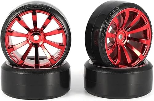 Hard Plastic 63mm Drift Car Tyres 12mm Wheels for 1/10th Scale HSP Tamiya HPI Kyosho TT02 Road Drift Car Hard Tyre Replacement, Set of 4 (Red) - color: Red