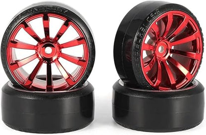 Hard Plastic 63mm Drift Car Tyres 12mm Wheels for 1/10th Scale HSP Tamiya HPI Kyosho TT02 Road Drift Car Hard Tyre Replacement, Set of 4 (Red) - color: Red