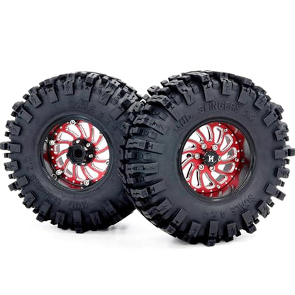 2.2 Beadlock Wheels and Tires 124mm Tall Tyres, Mud Slingers 2.2 Tires and Wheels Adjustable Offset 40mm Wide Rims for 1/10 RC Crawler SCX10 Capra Upgrades,HS701586 - color: Black & Red