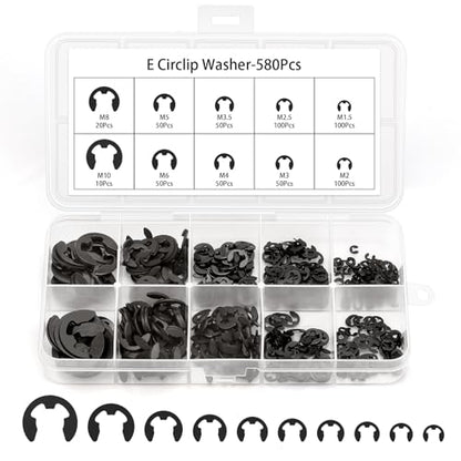 580Pcs Black Alloy Steel E-Clip Assortment Kit, Retaining Rings M1.5-M10 | 10 Metric Sizes: M1.5, M2, M2.5, M3, M3.5, M4, M5, M6, M8, M10, For Bearings Gears Pulleys Axles, Organized Storage Box