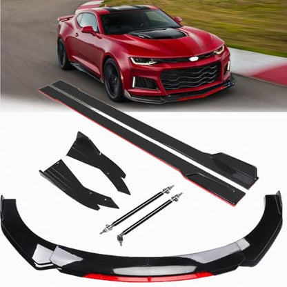 Front Bumper Lip Chin Splitter Spoiler Compatible with 69"-73" Width Car + Rocker Panels Guard Side Extension Splitter Side Skirts Body Kit Rear Bumper Lip Diffuser (Black with Red) - color: 69"-73" Black with Red