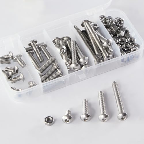 M5 x 10mm 20mm 30mm 40mm Button Head Socket Cap Screws Bolts and Nuts, Stainless Steel 304, Bright Finish, Metric Allen Hex Drive, Fully Thread, Assortment Kit 80PCS - size: Button M5x10-40mm+Nuts