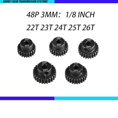 5-Pack 48P Hardened Steel Pinion Gears Set for 1/10 RC Cars - 22T, 23T, 24T, 25T, 26T with 3.175mm Shaft