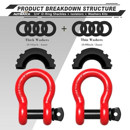 AUTMATCH 3/4" D Ring Shackles (2-Pack) - 41,887 lbs Break Strength | Clevis Shackle with 7/8" Pin & Isolator Washer Kit for Tow Strap, Winch, Towing & Off-Road Vehicle Recovery, Red & Black - color: Red & Black