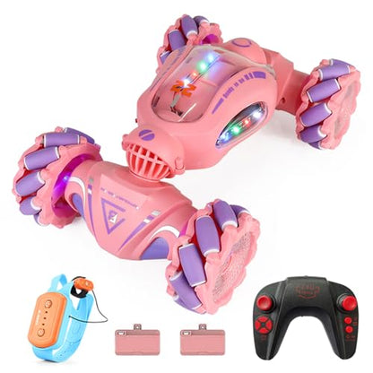 HUIOP Stunt Car 2.4GHz Car Spray Car with Function Lateral Movement,Breathing Light,Deformation,Double-Sided Driving,Wrist Watch-Dual - color: Pink, size: 2 battery