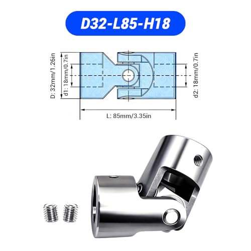 18mm to 18mm Universal Joint Coupling, D32 L85 Stainless Steel Rotatable Steering Shaft U Joint Coupler Motor Connector for DIY Model RC Car Robot - size: D32-L85-H18, style: No Keyway