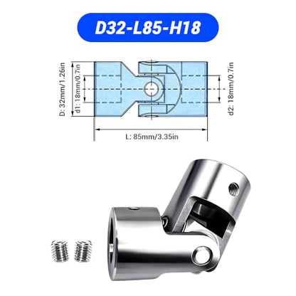 18mm to 18mm Universal Joint Coupling, D32 L85 Stainless Steel Rotatable Steering Shaft U Joint Coupler Motor Connector for DIY Model RC Car Robot - size: D32-L85-H18, style: No Keyway