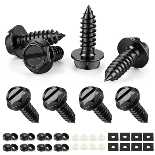 Rustproof License Plate Screws for Securing License Plates Frames and Covers on Cars and Trucks, 8 Sets Premium Stainless Steel Self Tapping Mounting Bolts (Black Zinc Plated) - color: Slotted-Black, size: 8 Pack