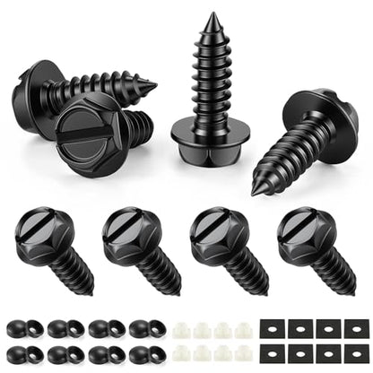 Rustproof License Plate Screws for Securing License Plates Frames and Covers on Cars and Trucks, 8 Sets Premium Stainless Steel Self Tapping Mounting Bolts (Black Zinc Plated) - color: Slotted-Black, size: 8 Pack