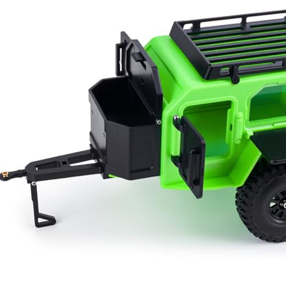 RC Off-Road Camping Trailer for 1/18 1/24 TRX4M SCX24 RC Crawler | Durable ABS mini camping trailer pre-drilled LED mounting holes, highly realistic scale design - color: Black Green
