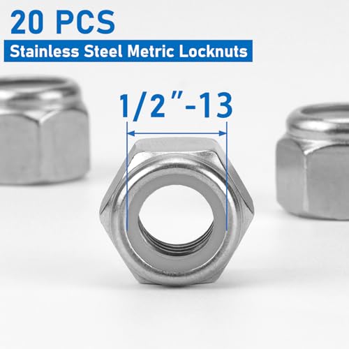 20 Pack 304 A2-70 1/2"-13 Nylon Lock Nuts | 20 Pack 304 A2-70 Stainless Steel 1/2"-13 Nylock Nuts, Anti-Loose, for Heavy Duty Industrial & Home Fastening - color: Silver, size: 1/2"-13