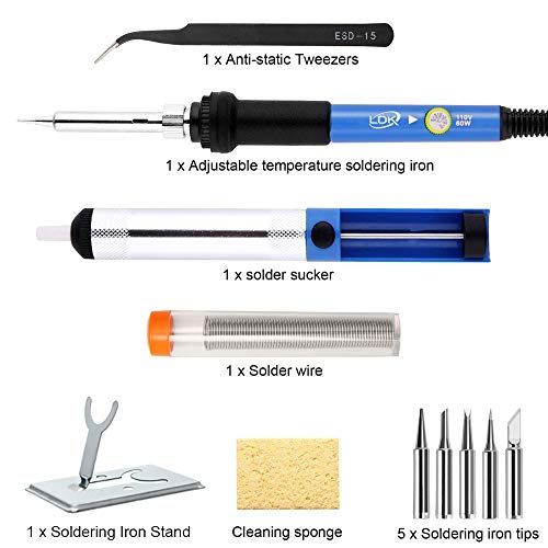 LDK Soldering Iron Kit Electronics, 60W 110V [Upgraded] Soldering Kit | Adjustable Temperature Welding Tool, Soldering Pen with 5pcs Different Tips, Stand, Tweezers, Sponge, Flux Pen, Solder Wire - color: 60w 12-in-1