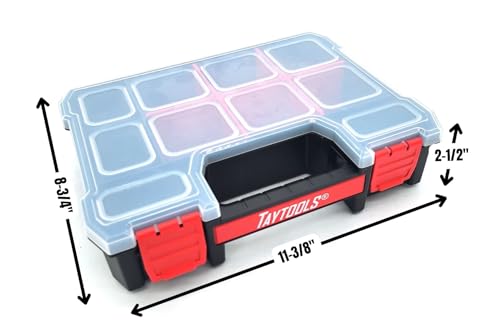 Taytools 10 Compartment Small Parts Organizer Box - Dual Latch Portable Tool Box with Removeable Dividers for Storing Hardware, Screws, Bolts, Nails, Beads or Jewely