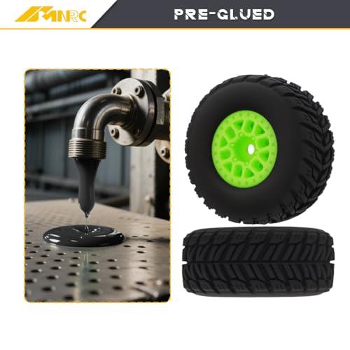 Pre Glued Wheel and Tire Plastic Rim Rubber for Arrma 1/16 Mojave Grom RC Car Upgrades Part Green - color: Green